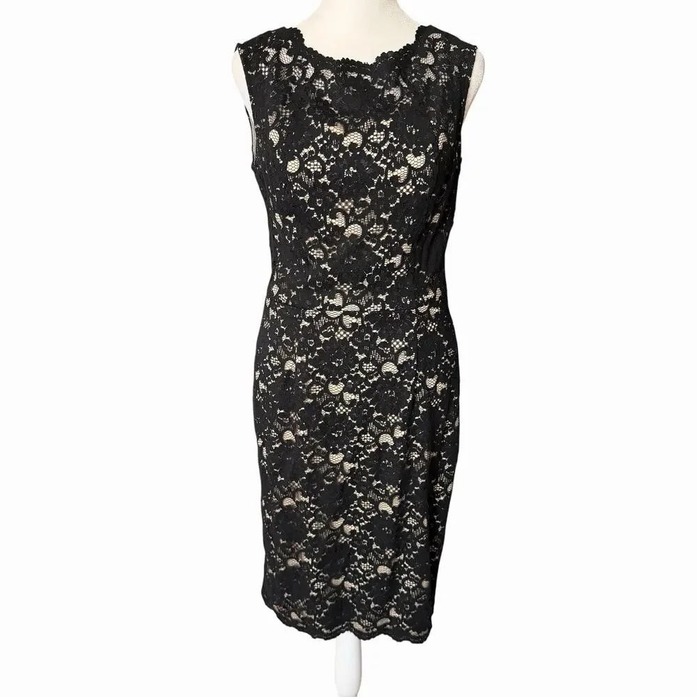 WHBM Womens Size 6 Lace Sheath Dress Black Nude Lined Sleeveless Party Cocktail